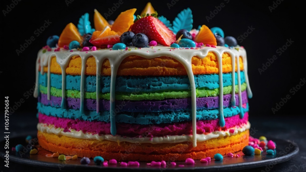 custom made wallpaper toronto digitalA vibrant, multi-layered cake decorated with fruits and colorful icing, perfect for celebrations.