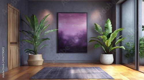 Minimalist Interior Design with Abstract Painting, Plants, and Wooden Floor