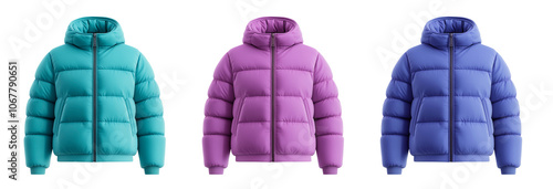 Set of Trendy pastel soft turquoise, lilac, violet colored down puffer colorful winter down jacket hooded parka jacket, mockup, template, product presentation, on isolated transparent background, png photo