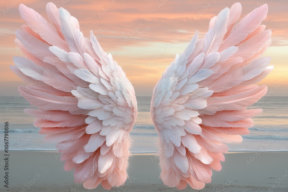 Fototapeta premium Angel Wings on Beach at Sunrise 