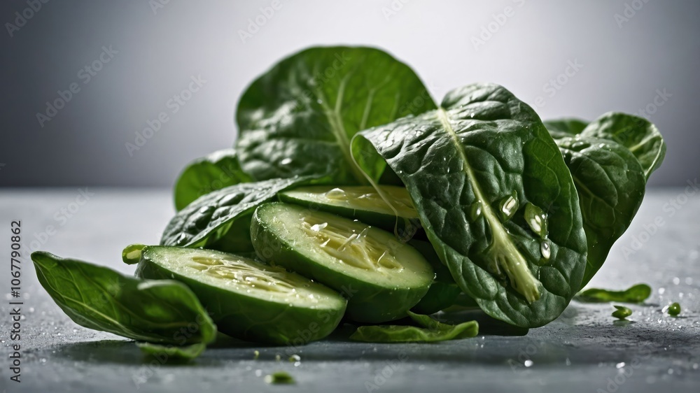 Fresh cucumber slices with leafy greens on a textured surface, highlighting healthy food. Fresh cucumber slices with leafy greens on a textured surface, highlighting healthy food.