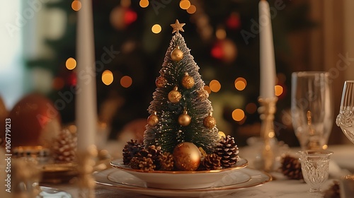 Decorative holiday table setup with a miniature Christmas tree centerpiece, pinecones, and gold accents photo