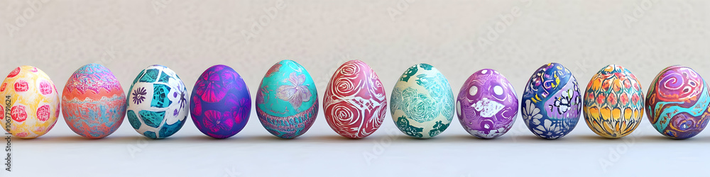 Cute easter egg background image - A colorful array of decorated Easter eggs displayed in a row. Cute easter egg background image - A colorful array of decorated Easter eggs displayed in a row.