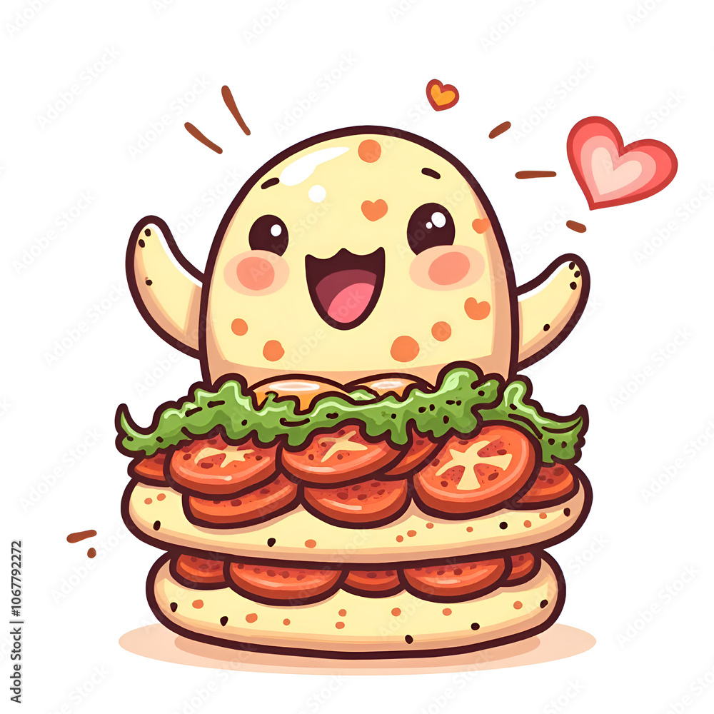 Obraz premium A whimsical character joyfully celebrating the joy of delicious food and friendship together, digital illustration of character design concept.