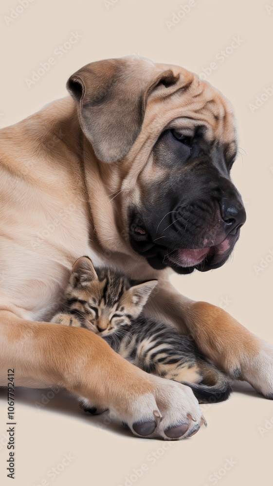 Saint Bernard Dog Cuddling a Small Kitten Saint Bernard Dog Cuddling a Small Kitten