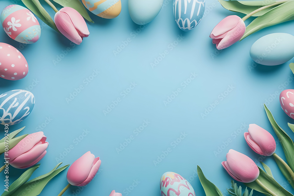 Cute easter egg background image - A colorful arrangement of Easter eggs and tulips on a blue background, celebrating spring. Cute easter egg background image - A colorful arrangement of Easter eggs and tulips on a blue background, celebrating spring.