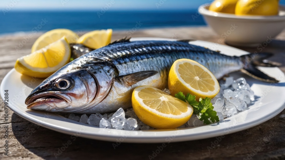 A fresh fish garnished with lemon slices on ice, set against a coastal backdrop. A fresh fish garnished with lemon slices on ice, set against a coastal backdrop.