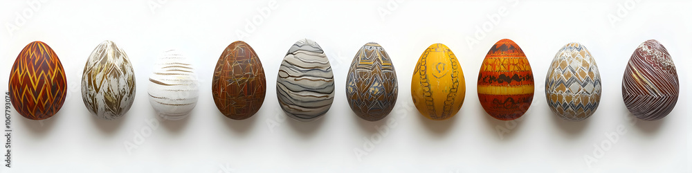 Cute easter egg background image - A row of intricately designed decorative eggs in various colors and patterns. Cute easter egg background image - A row of intricately designed decorative eggs in various colors and patterns.