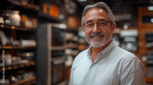 Elderly Hispanic male consultant smiles warmly in a home decor store during a busy afternoon