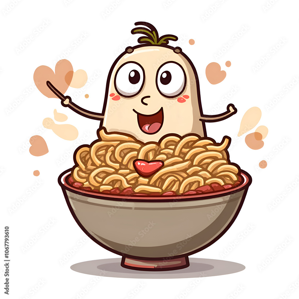 Celebrate the joy of food with a happy character in a bowl of noodles , digital illustration of character design concept. Celebrate the joy of food with a happy character in a bowl of noodles , digital illustration of character design concept.