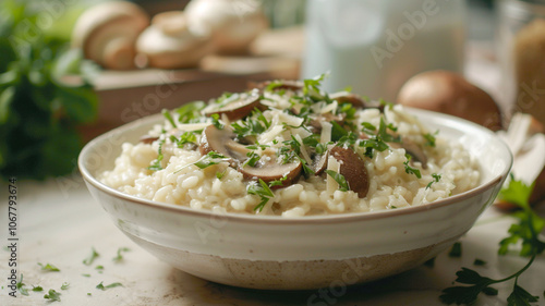 A delicious bowl of creamy risotto made with tender arborio rice, sautéed mushrooms, and parmesan cheese, finished with a sprinkle of fresh parsley photo