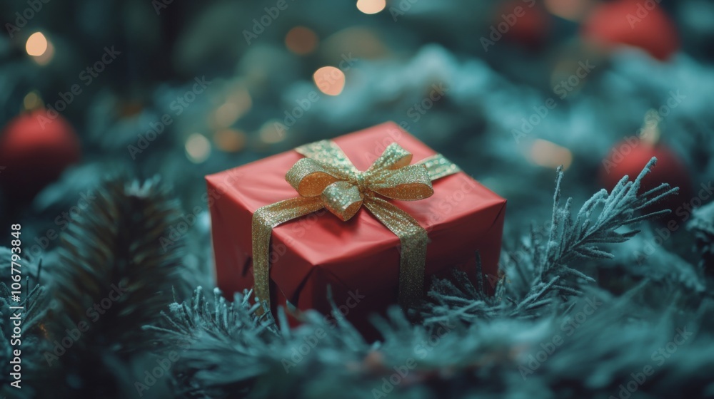 Red Gift Box with Gold Bow on a Christmas Tree Red Gift Box with Gold Bow on a Christmas Tree