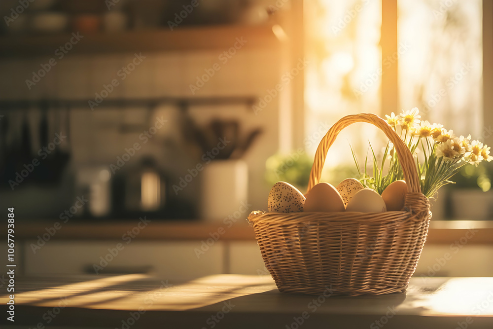 Cute easter egg background image - A wicker basket filled with eggs and flowers, illuminated by warm sunlight in a kitchen. Cute easter egg background image - A wicker basket filled with eggs and flowers, illuminated by warm sunlight in a kitchen.