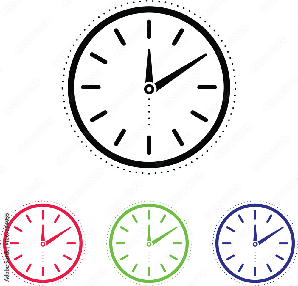 A set of four simple and minimalist clock icons in various colors, for use in web and mobile app designs, presentations, and infographics, vector illustration. A set of four simple and minimalist clock icons in various colors, for use in web and mobile app designs, presentations, and infographics, vector illustration.