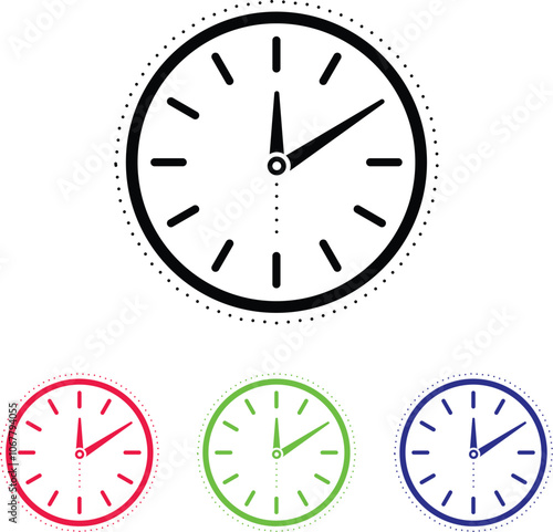 A set of four simple and minimalist clock icons in various colors,  for use in web and mobile app designs, presentations, and infographics, vector illustration.