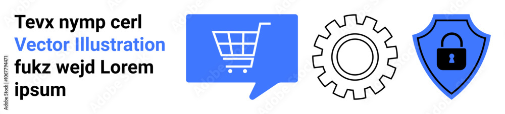 Text block, blue shopping cart in speech bubble, cogwheel, and blue shield with lock. Ideal for e-commerce, digital services, security, technology, shopping, website design, online protection Text block, blue shopping cart in speech bubble, cogwheel, and blue shield with lock. Ideal for e-commerce, digital services, security, technology, shopping, website design, online protection