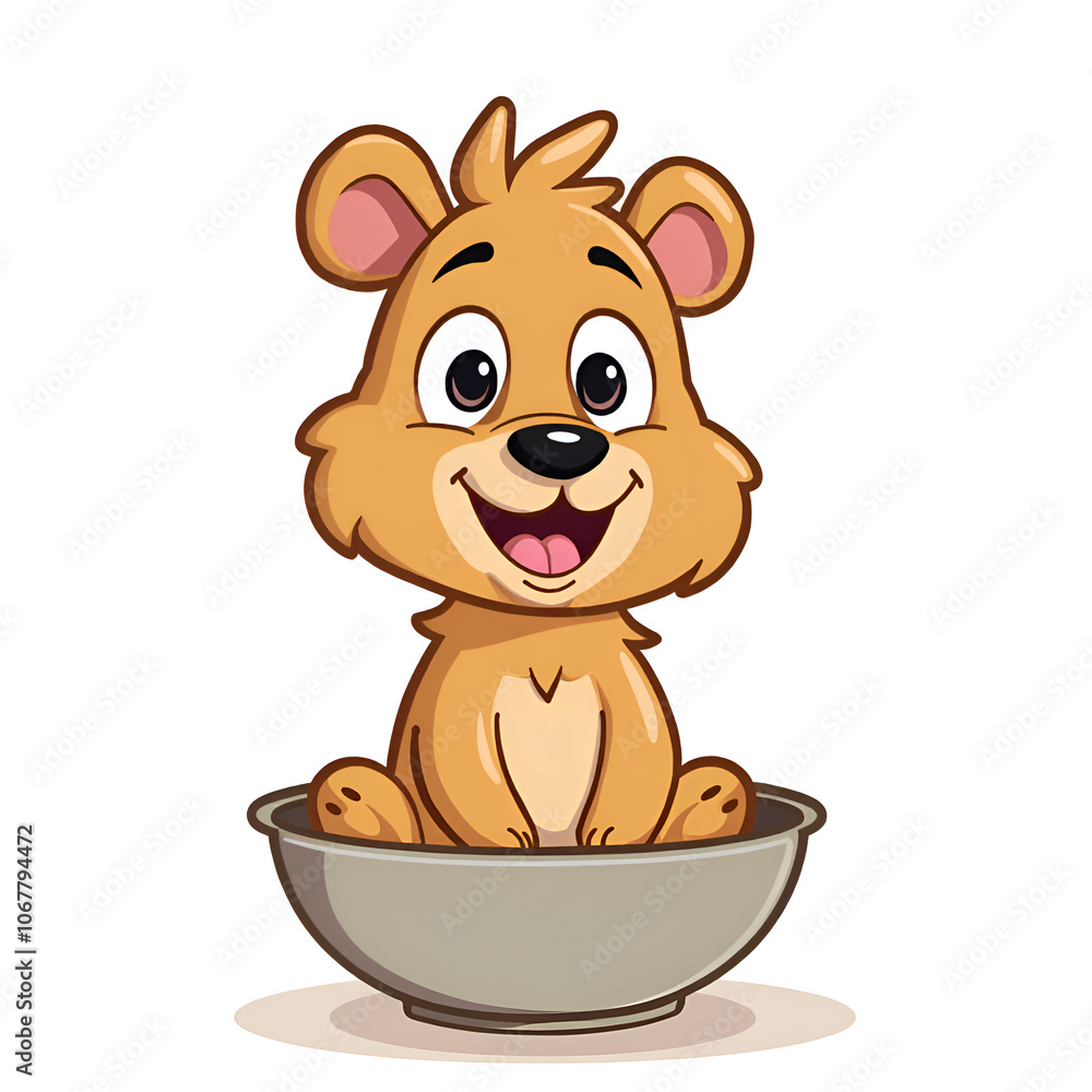 A cheerful cub enjoys a cozy spot in a bowl, radiating happiness and warmth, digital illustration of cartoon character concept. A cheerful cub enjoys a cozy spot in a bowl, radiating happiness and warmth, digital illustration of cartoon character concept.