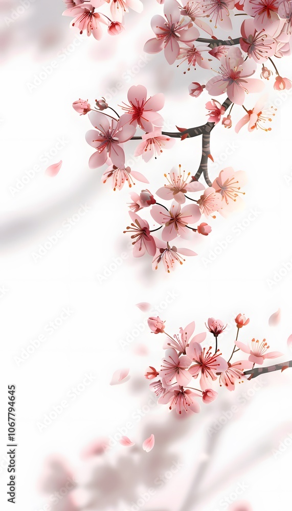 A delicate arrangement of cherry blossom branches against a soft white background. A delicate arrangement of cherry blossom branches against a soft white background.