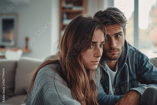 Young couple holding hands on sofa with sad expressions experiencing family tension due to text vanity call