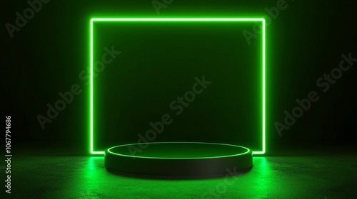 Futuristic green neon light frame and circular podium on dark background, creating a sci-fi atmosphere for product display or virtual showcase.