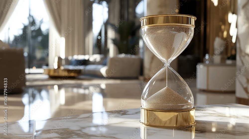 A golden hourglass with glittering sand, sitting on a marble table, adding a touch of luxury. A golden hourglass with glittering sand, sitting on a marble table, adding a touch of luxury.