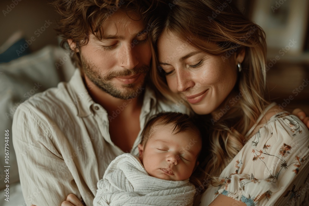 Happy Young Family with Newborn Baby at Home Happy Young Family with Newborn Baby at Home