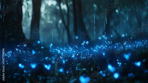 Enchanted Forest with Glowing Flowers and Rain - Seamless Loop