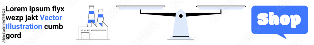 Factory with smokestacks, a delivery drone, and a blue speech bubble with Shop text. Ideal for technology, clean energy, online shopping, delivery services, and modern commerce. Banner for landing Factory with smokestacks, a delivery drone, and a blue speech bubble with Shop text. Ideal for technology, clean energy, online shopping, delivery services, and modern commerce. Banner for landing