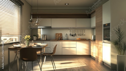 Modern Kitchen with Wooden Accents and Sunlight Streaming Through Window