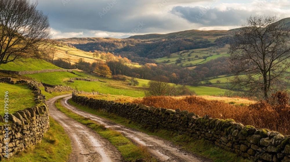 Naklejka premium Serene countryside landscape with winding dirt road and stone walls