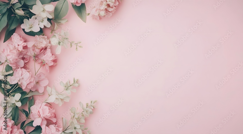A serene arrangement of pink flowers on a soft pink background. A serene arrangement of pink flowers on a soft pink background.