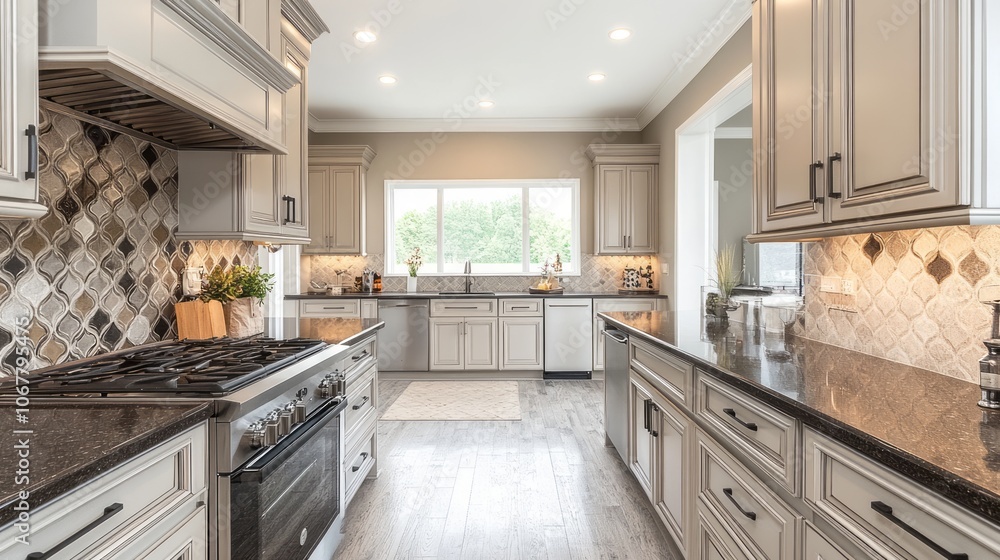 Fototapeta premium Modern kitchen with white cabinets, granite countertops, and stainless steel appliances