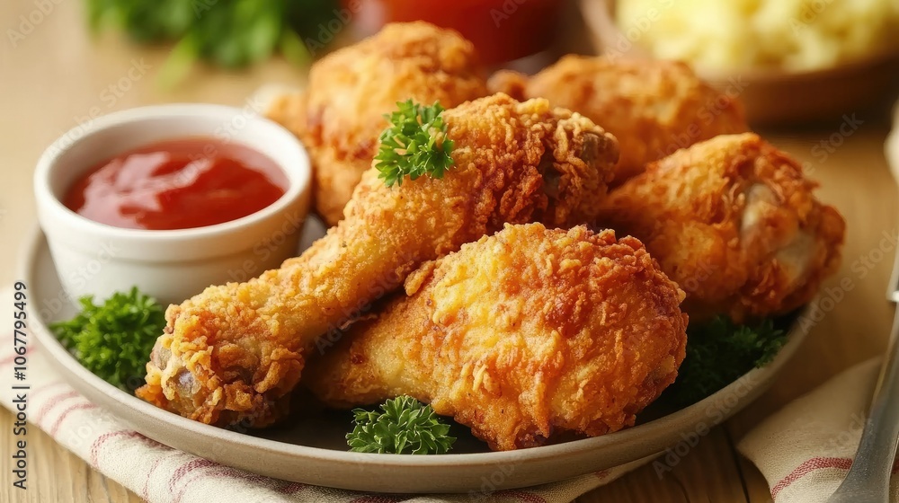 A plate of crispy fried chicken served with dipping sauce, garnished with parsley on a wooden table. A plate of crispy fried chicken served with dipping sauce, garnished with parsley on a wooden table.