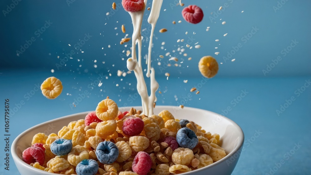 A bowl of colorful cereal with milk splashing and fruit pieces, showcasing a vibrant breakfast scene. A bowl of colorful cereal with milk splashing and fruit pieces, showcasing a vibrant breakfast scene.