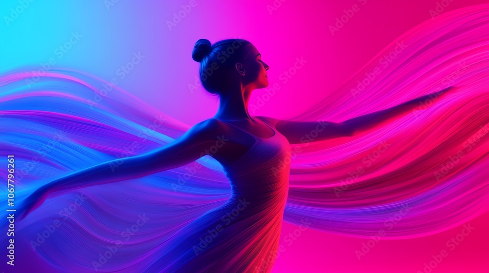 A graceful dancer moves fluidly amidst vibrant, colorful light waves, capturing the essence of motion and artistic expression. A graceful dancer moves fluidly amidst vibrant, colorful light waves, capturing the essence of motion and artistic expression.