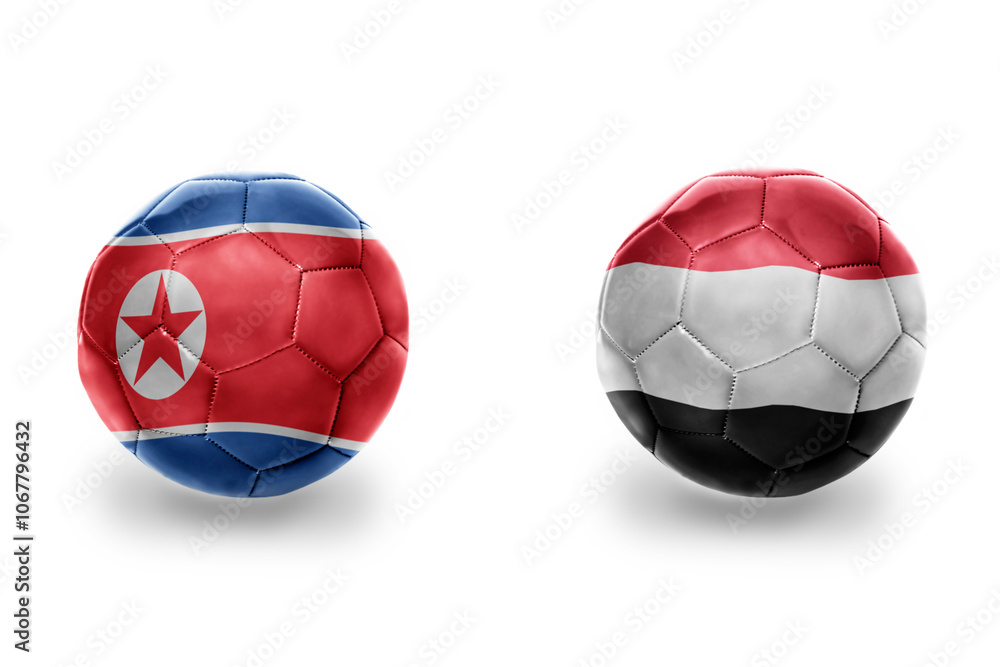 Fototapeta premium football balls with national flags of yemen and north korea ,soccer teams. on the white background.