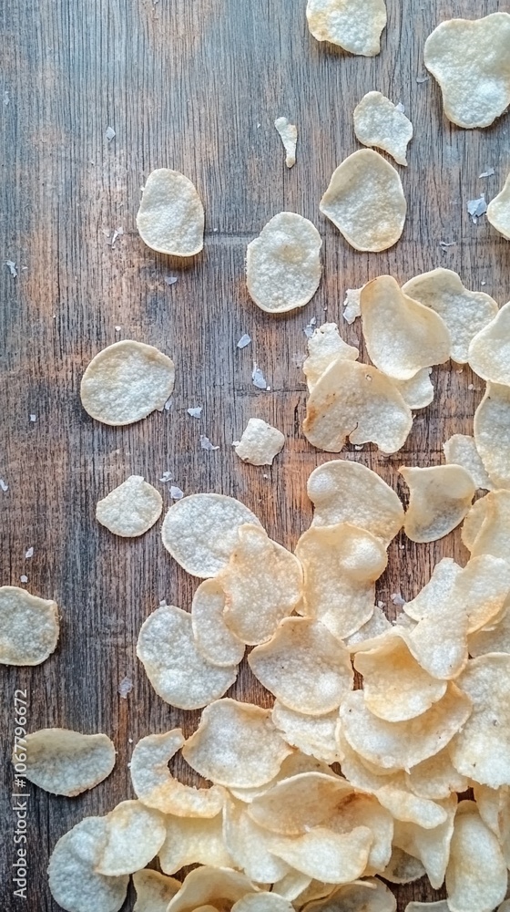 Crispy potato chips scattered on rustic wooden surface, golden and translucent slices creating texture contrast with rough wood grain background. Crispy potato chips scattered on rustic wooden surface, golden and translucent slices creating texture contrast with rough wood grain background.
