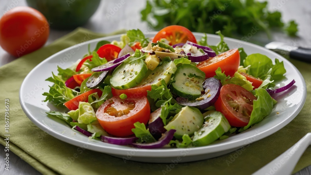 A vibrant salad featuring fresh vegetables on a plate, ideal for healthy eating. A vibrant salad featuring fresh vegetables on a plate, ideal for healthy eating.