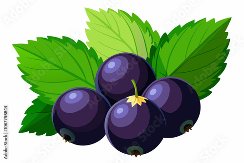 Closeup of fresh black currants with green leaves isolated on a white background