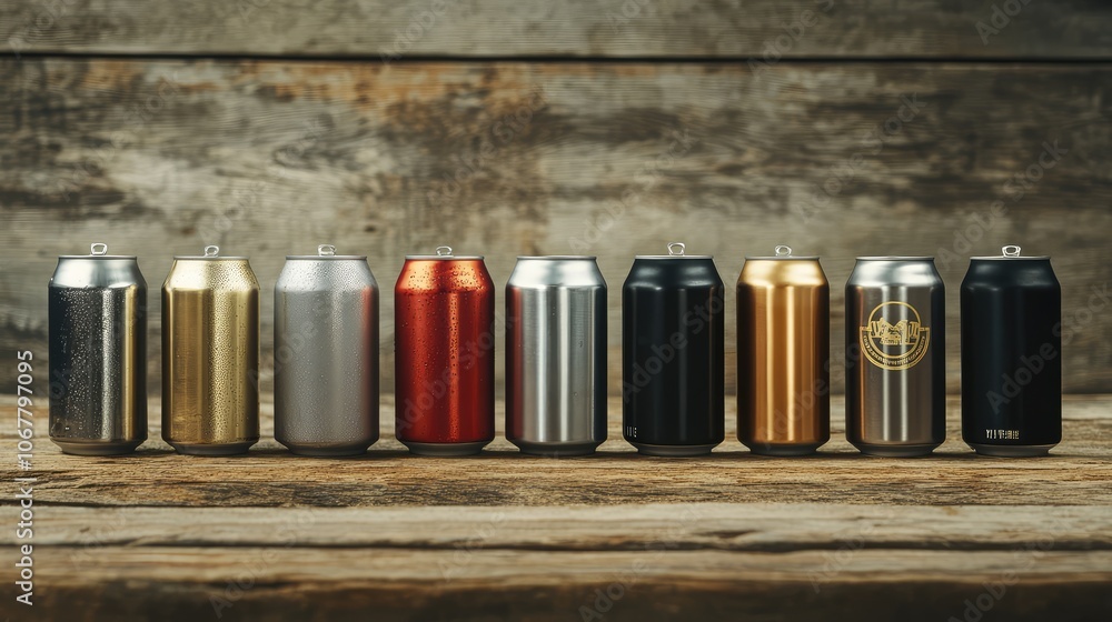 Variety of Metal Cans on Wooden Surface Variety of Metal Cans on Wooden Surface