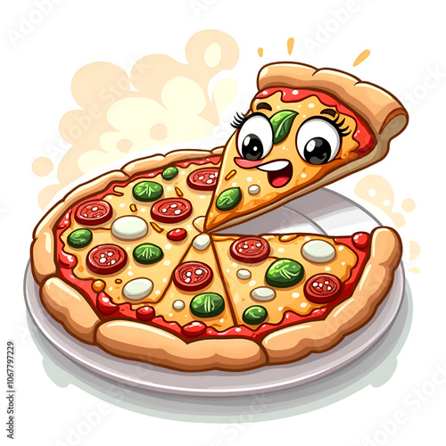 Delightful moments shared through the joy of pizza bring everyone together in happiness, digital illustration of character design concept. photo