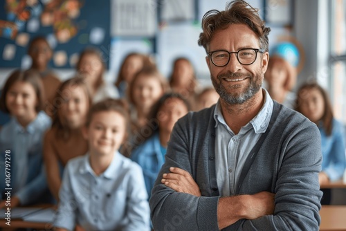Smiling male teacher in classroom with students studying