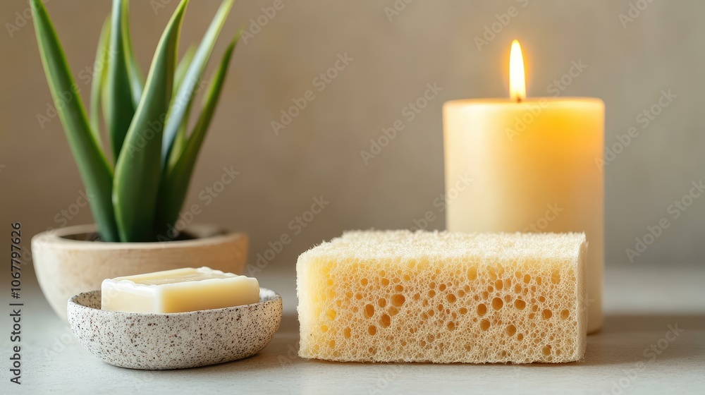 Calm Spa Essentials with Candle and Green Plant Calm Spa Essentials with Candle and Green Plant