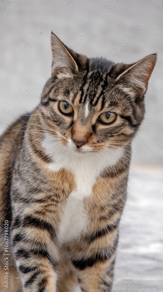 Brown and Gray Tabby Cat Looking Out Window with Curious Expression Brown and Gray Tabby Cat Looking Out Window with Curious Expression