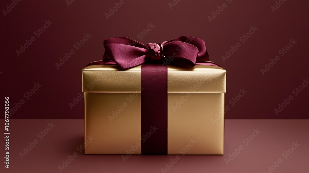 A Single Gold Gift Box with a Burgundy Bow on a Burgundy Background A Single Gold Gift Box with a Burgundy Bow on a Burgundy Background