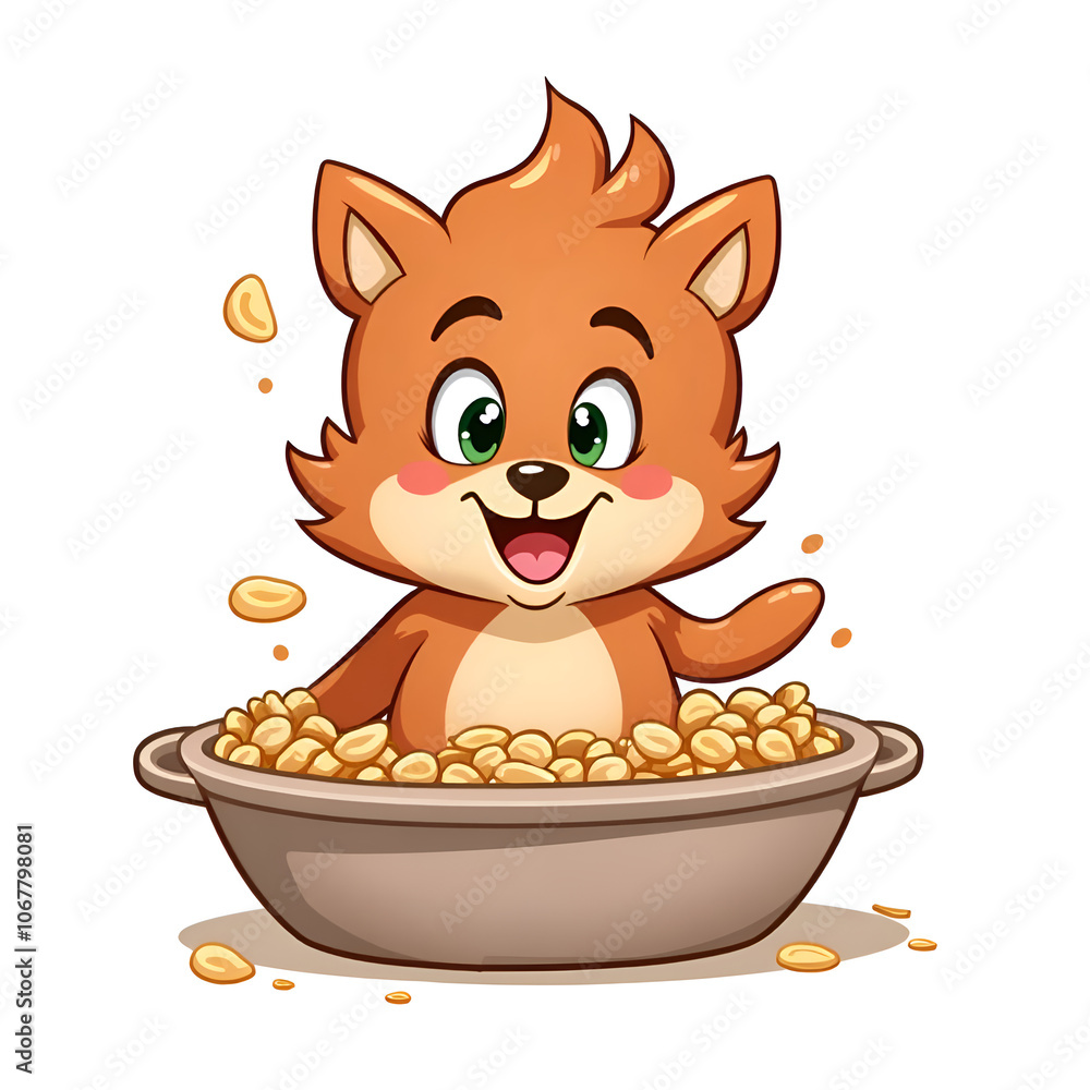 A playful creature finds happiness in a bowl of delightful snacks, spreading joy everywhere, digital illustration of character design concept. A playful creature finds happiness in a bowl of delightful snacks, spreading joy everywhere, digital illustration of character design concept.