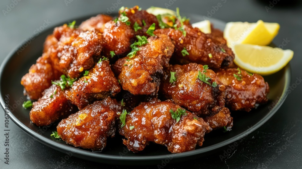 Crispy pork served with tangy sauce on a dark plate with garnished herbs and lemon wedges. Crispy pork served with tangy sauce on a dark plate with garnished herbs and lemon wedges.