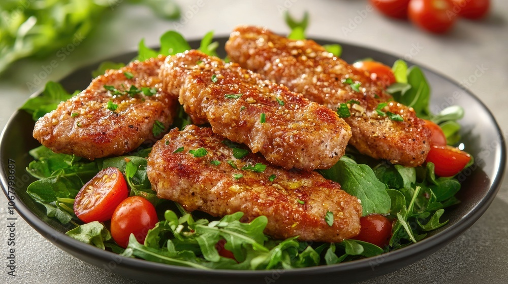 Crispy pork strips on a salad of greens and cherry tomatoes, drizzled with a light vinaigrette. Crispy pork strips on a salad of greens and cherry tomatoes, drizzled with a light vinaigrette.