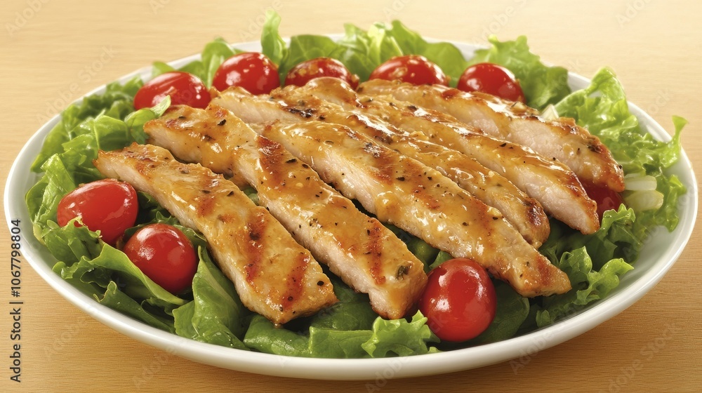 Crispy pork strips on a salad of greens and cherry tomatoes, drizzled with a light vinaigrette. Crispy pork strips on a salad of greens and cherry tomatoes, drizzled with a light vinaigrette.