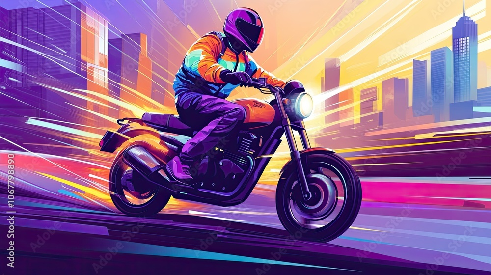 Fototapeta premium Delivery rider in a reflective jacket on a motorbike, zooming through traffic with a city skyline in the background.
